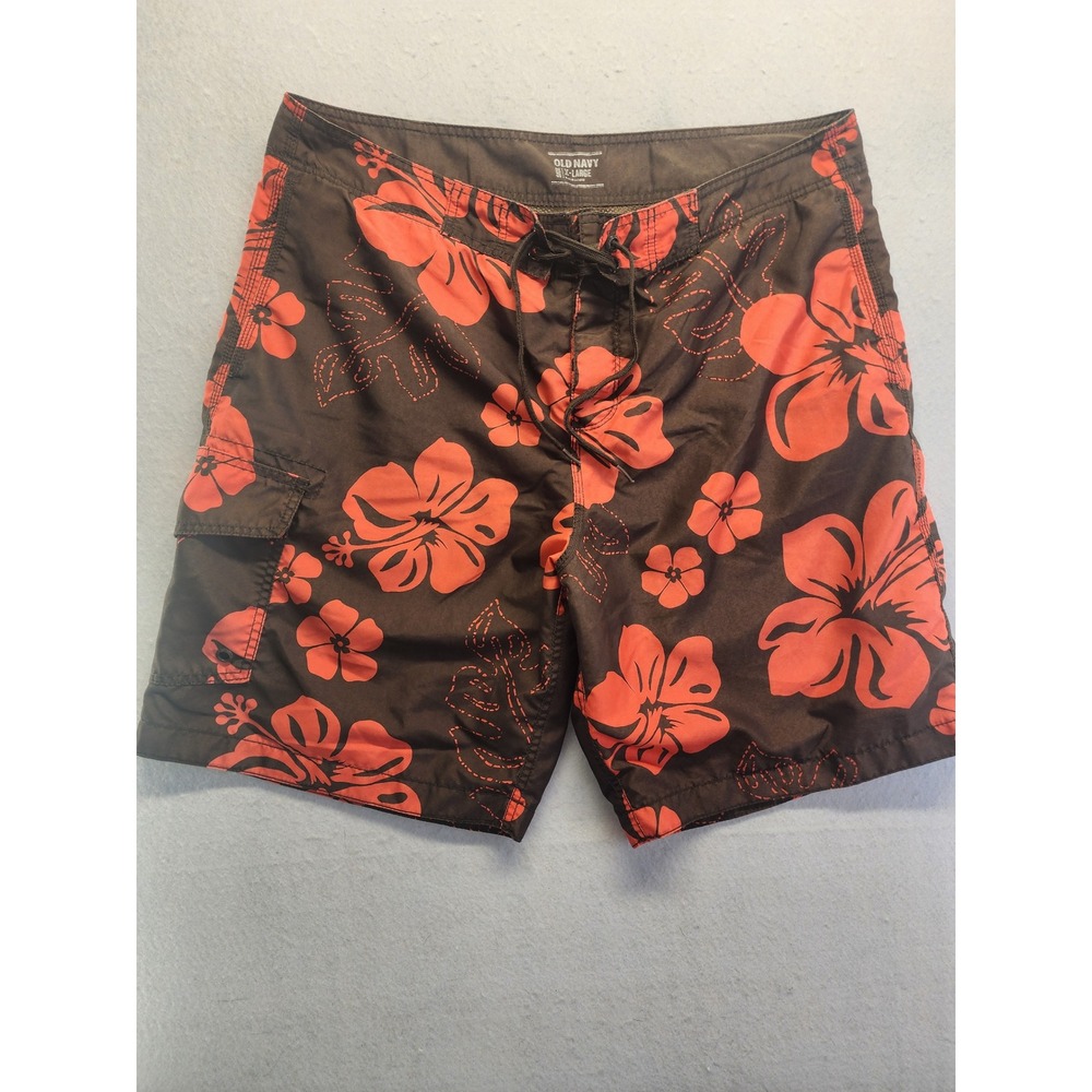 Old Navy Mens XL Board Shorts Brown Orange Hibiscus Floral Cargo Swim Trunks